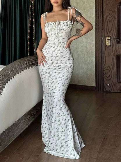 Floral Print Tie Strap Bodycon Maxi Dress