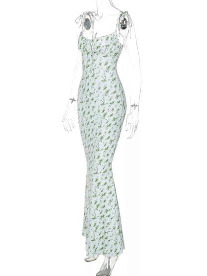 Floral Print Tie Strap Bodycon Maxi Dress