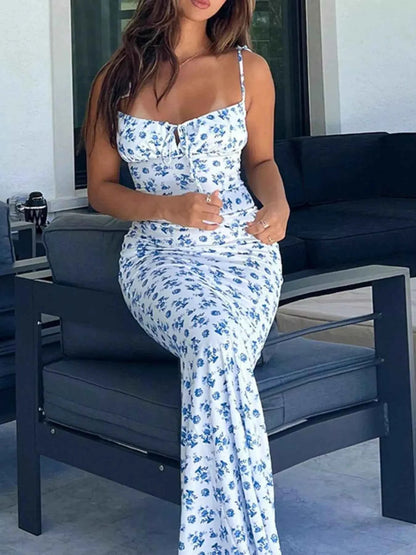 Floral Print Tie Strap Bodycon Maxi Dress