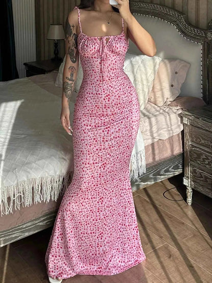 Floral Print Tie Strap Bodycon Maxi Dress