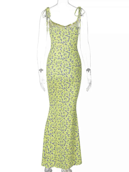 Floral Print Tie Strap Bodycon Maxi Dress
