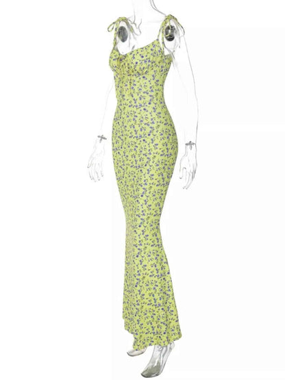 Floral Print Tie Strap Bodycon Maxi Dress