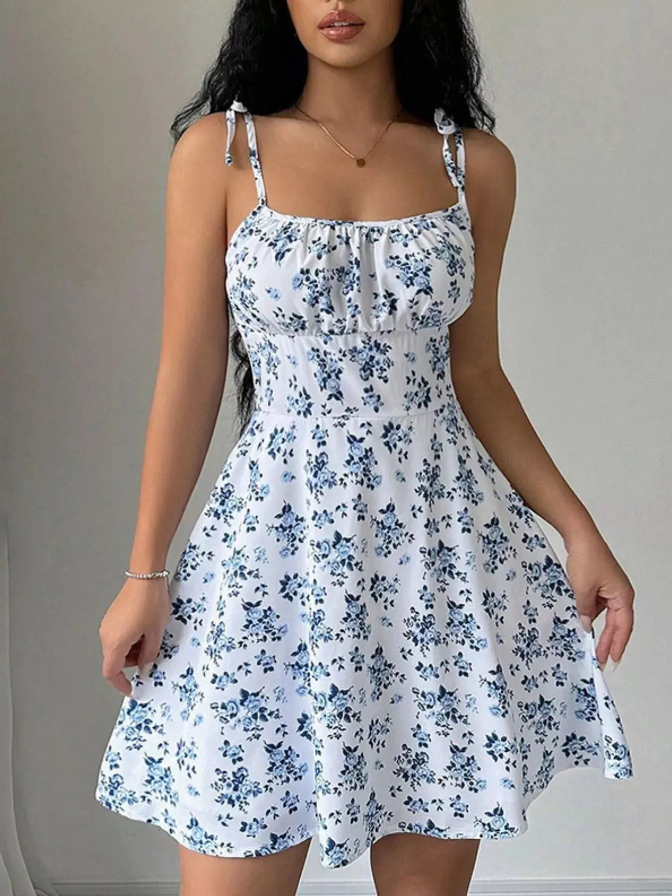 Floral Print Tie Strap Mini Dress
