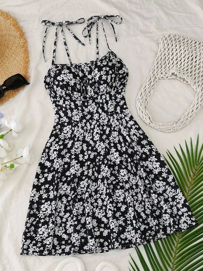 Floral Print Tie Strap Mini Dress