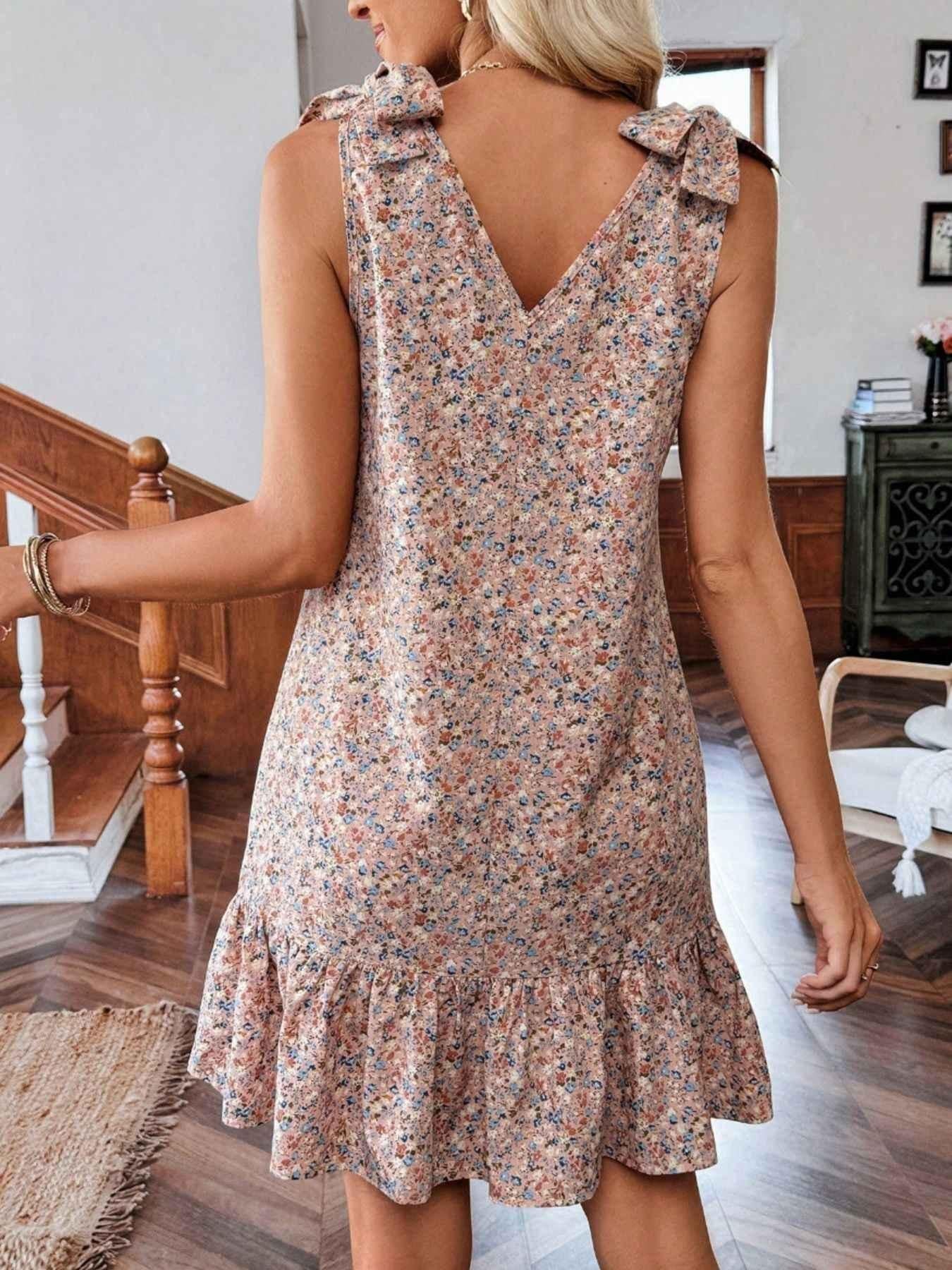 Floral Print Tie Strap Ruffle Hem Mini Dress