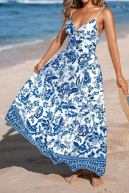 Floral Print Twisted Front Cutout Maxi Dress