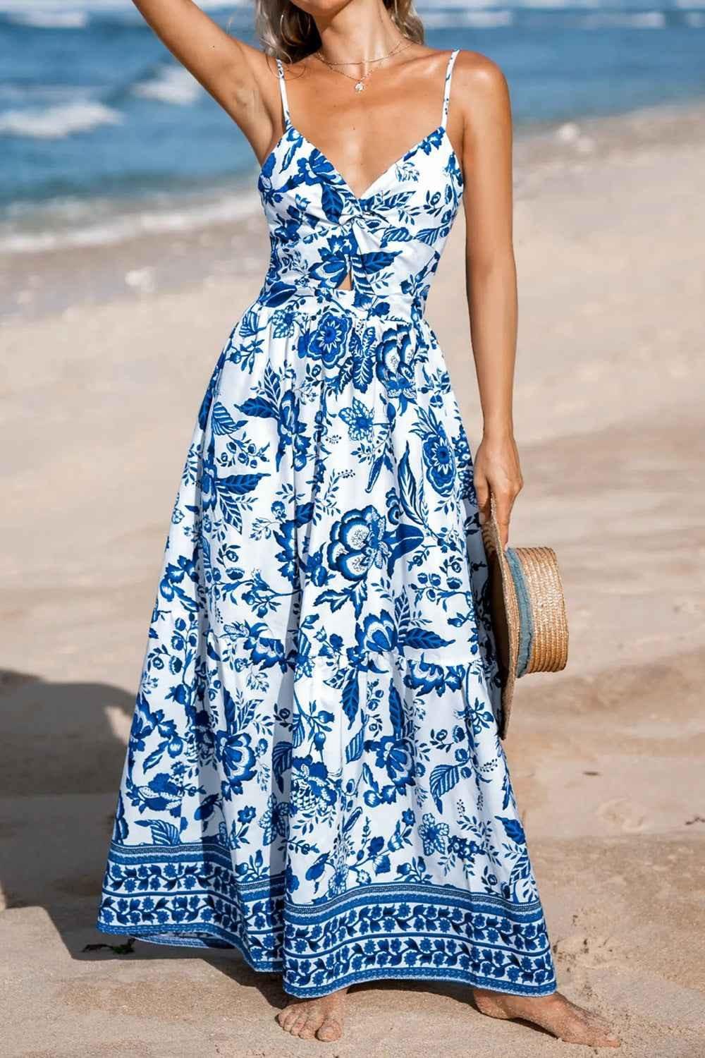 Floral Print Twisted Front Cutout Maxi Dress