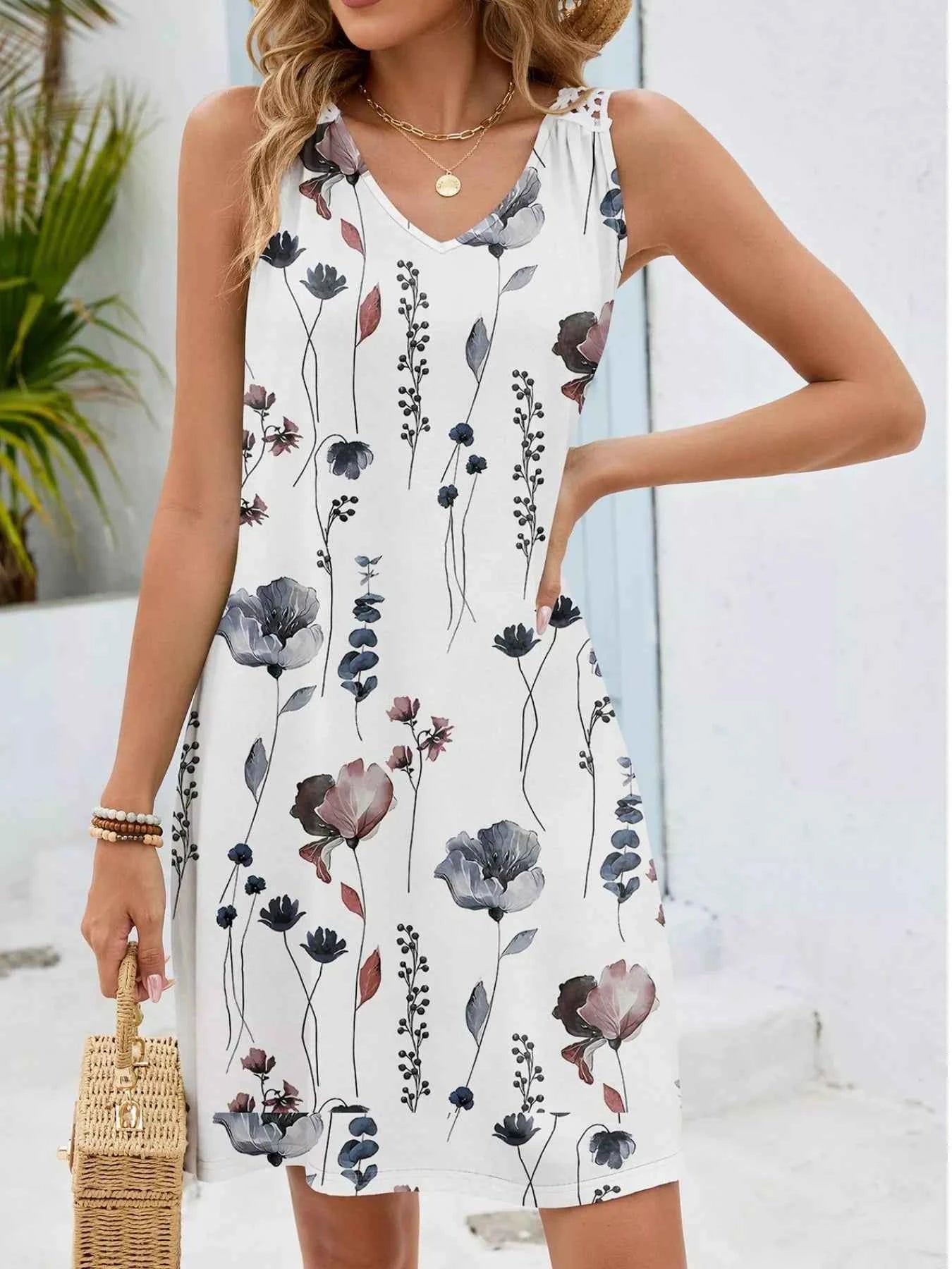 Floral Print V-Neck Crochet Back Mini Dress
