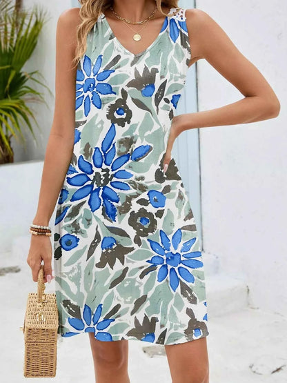 Floral Print V-Neck Crochet Back Mini Dress