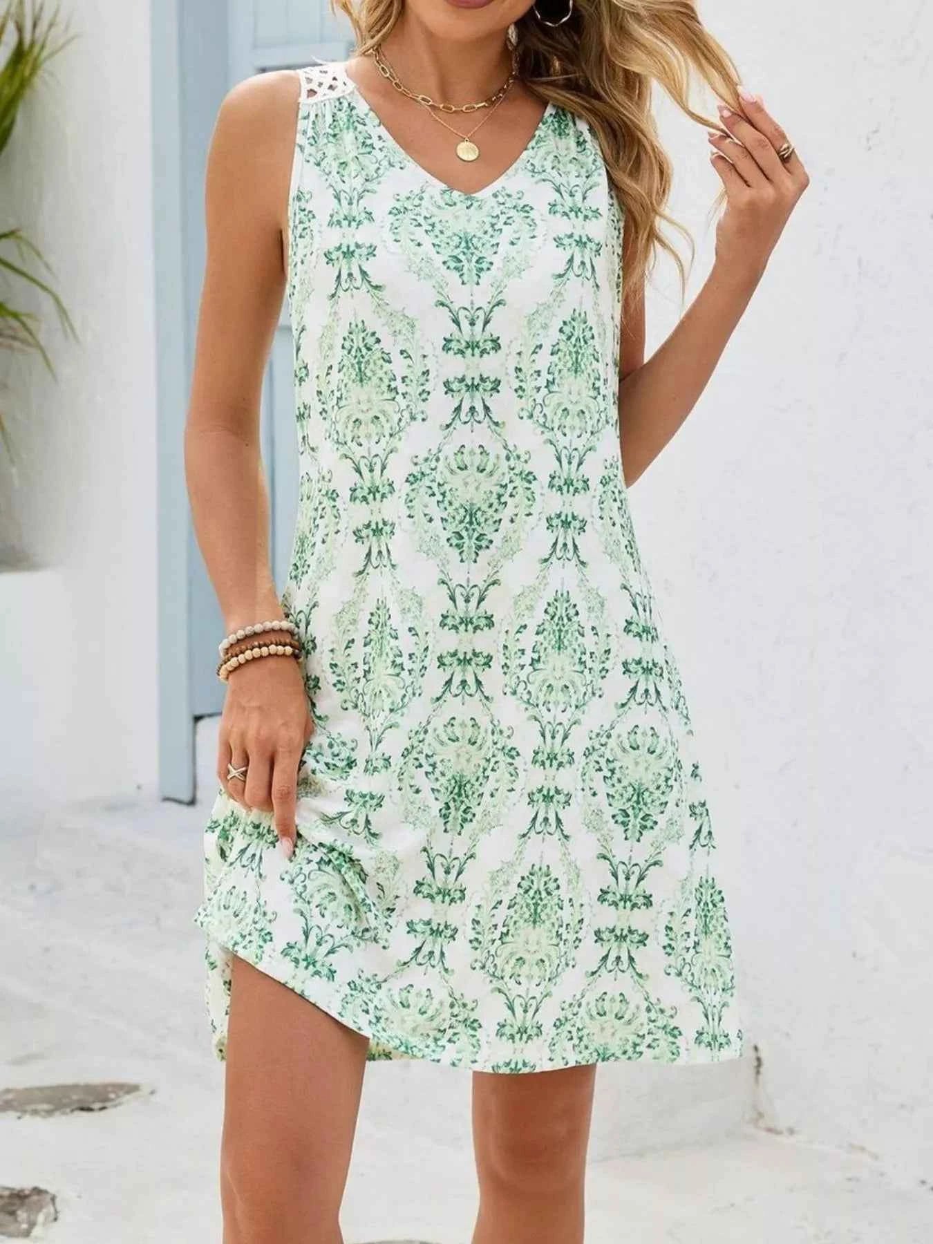 Floral Print V-Neck Crochet Back Mini Dress