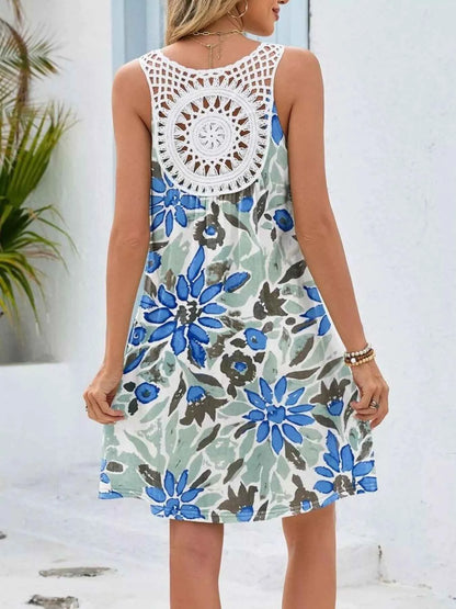 Floral Print V-Neck Crochet Back Mini Dress