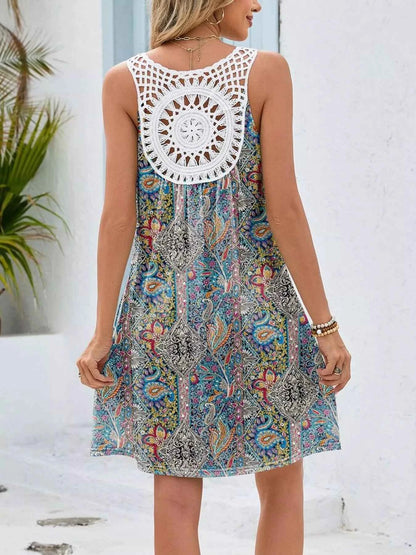 Floral Print V-Neck Crochet Back Mini Dress