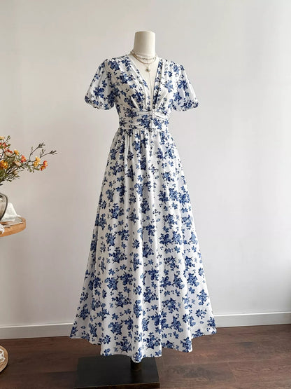 Floral Print V-Neck Puff Sleeve Dress