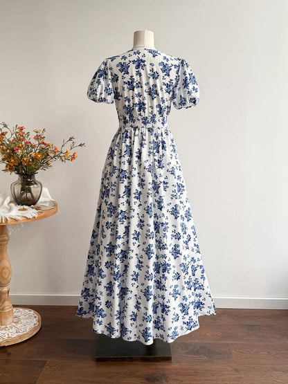 Floral Print V-Neck Puff Sleeve Dress