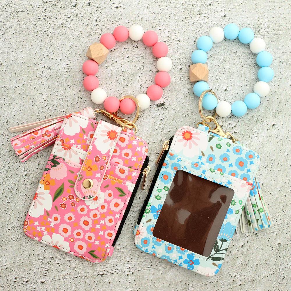 Floral Slim Card Holder Wallet with Beaded Keychain Bracelet & Tassel - 4 Card Slots, ID Window(Light purple)