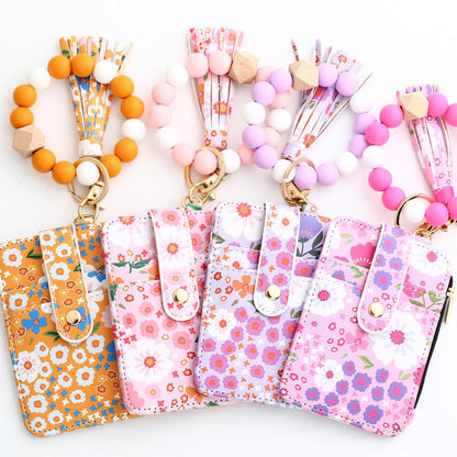 Floral Slim Card Holder Wallet with Beaded Keychain Bracelet & Tassel - 4 Card Slots, ID Window(Rose red)