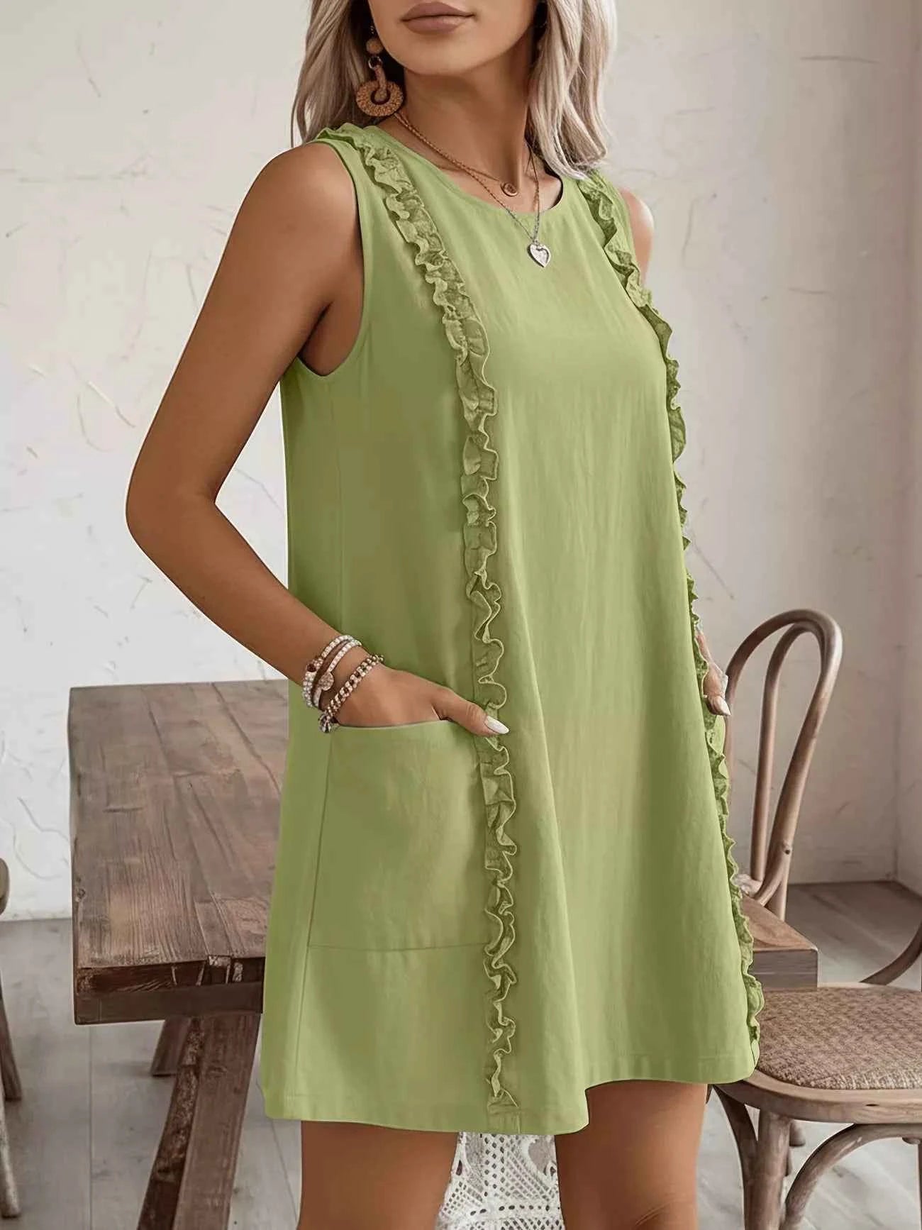 Frill Sleeveless Round Neck Dress