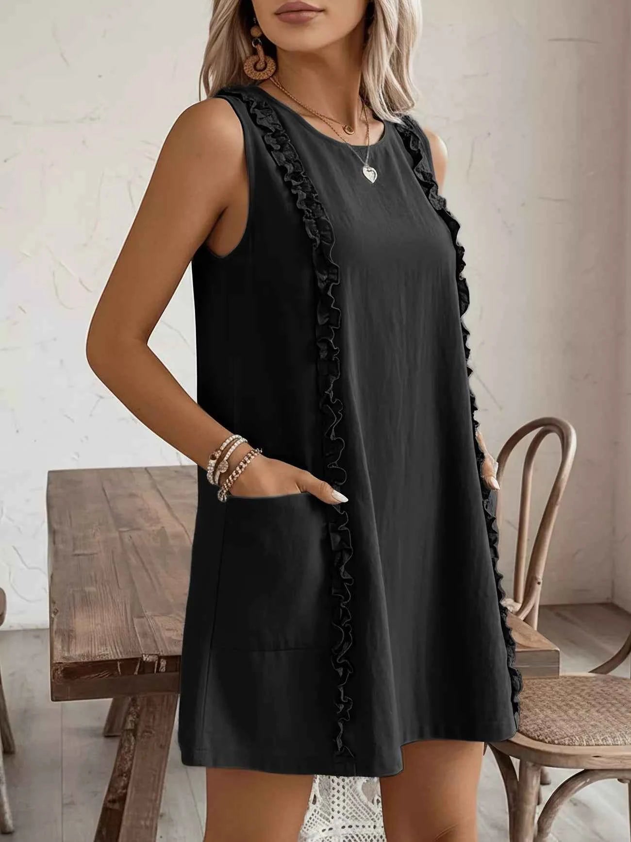 Frill Sleeveless Round Neck Dress