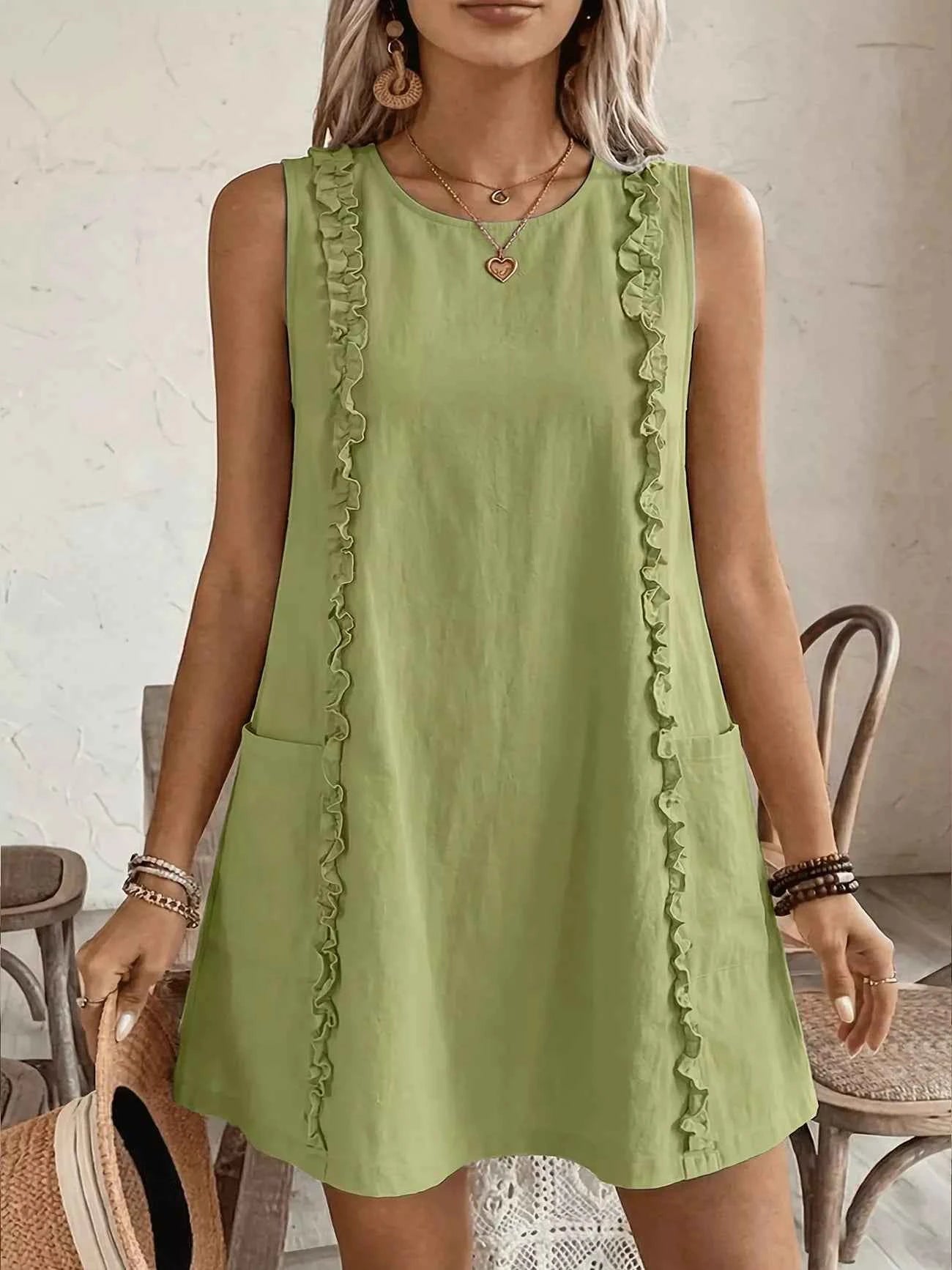 Frill Sleeveless Round Neck Dress