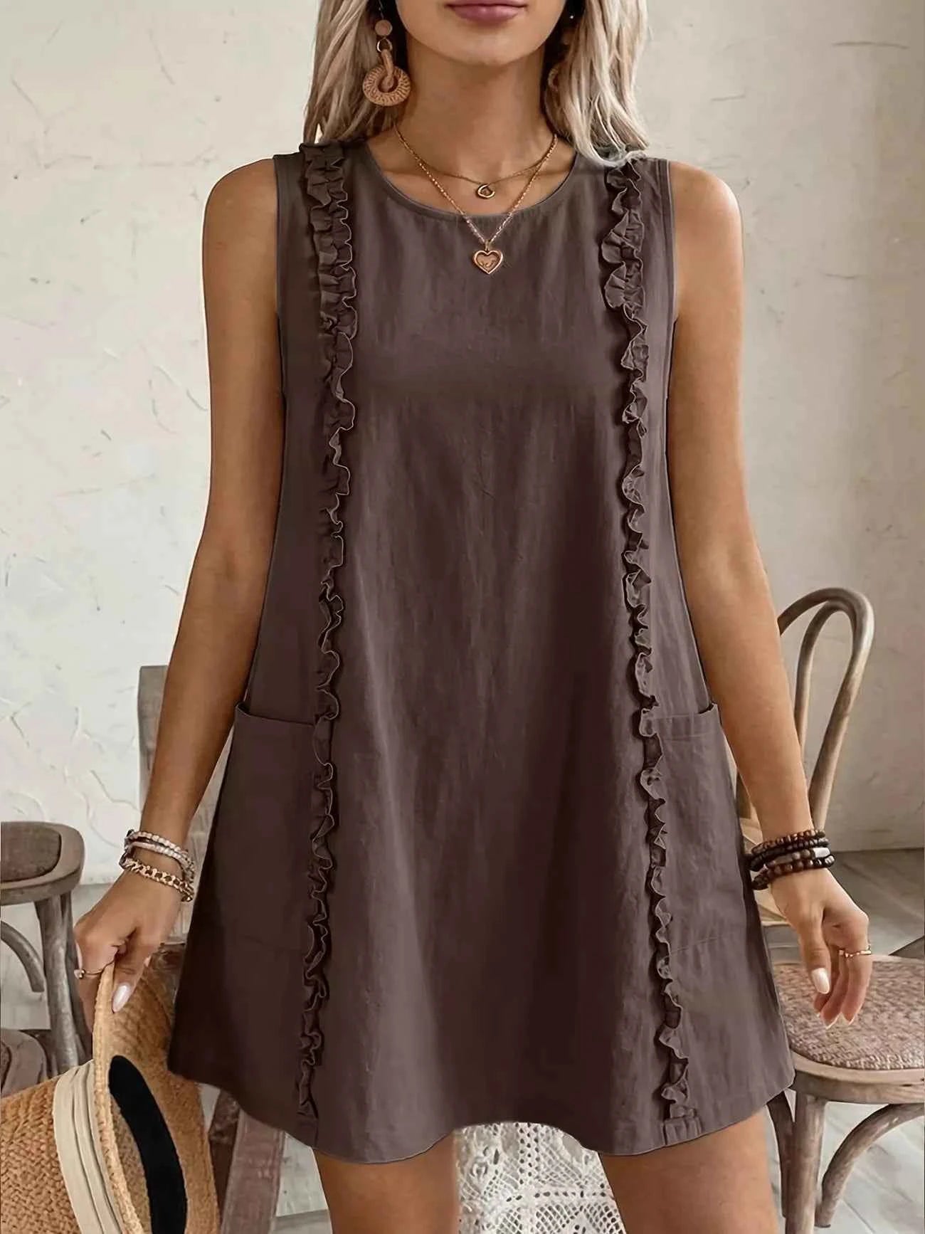 Frill Sleeveless Round Neck Dress
