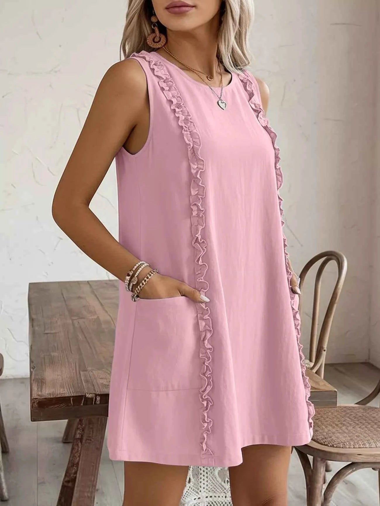 Frill Sleeveless Round Neck Dress
