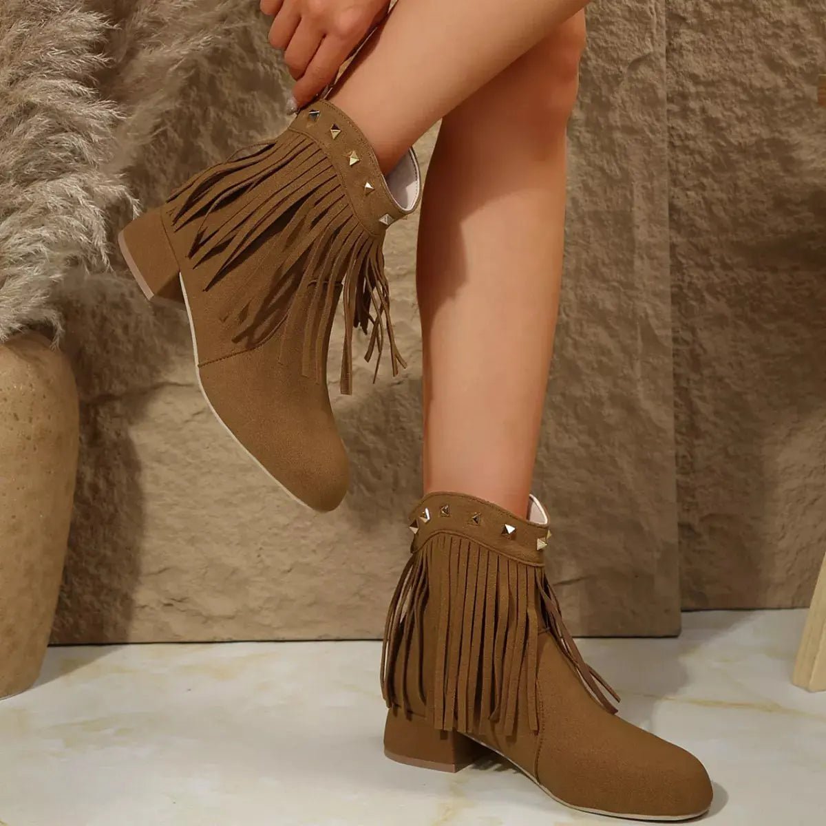 Fringe Ankle Boots with Studded Detail
