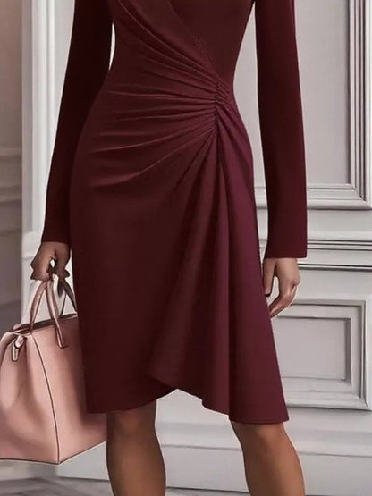 Front Ruched V-Neck Long Sleeve Dress