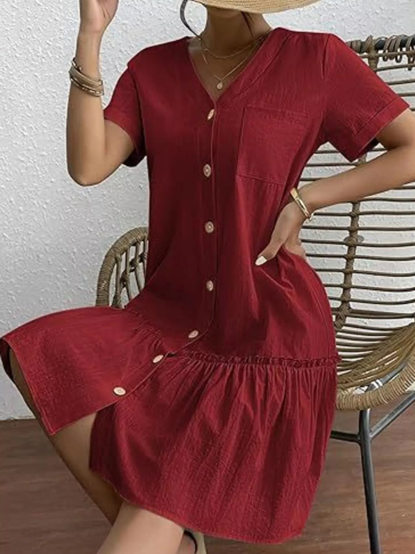 Full Size Button - Front Short Sleeve Tiered Dress Plus Size