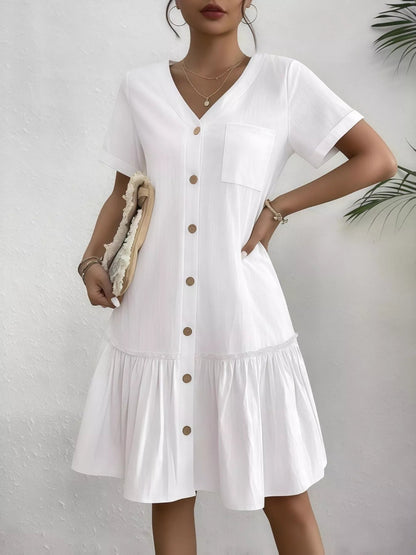 Full Size Button - Front Short Sleeve Tiered Dress Plus Size