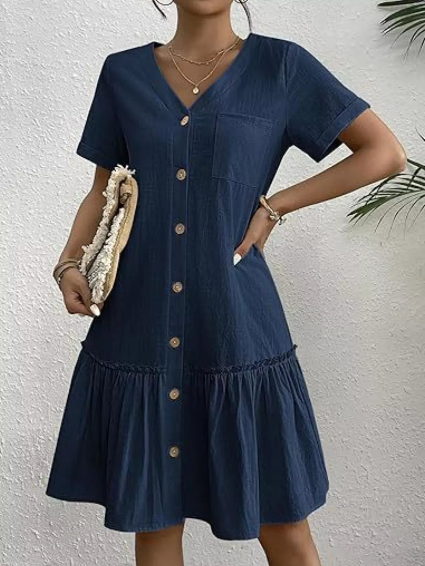 Full Size Button - Front Short Sleeve Tiered Dress Plus Size
