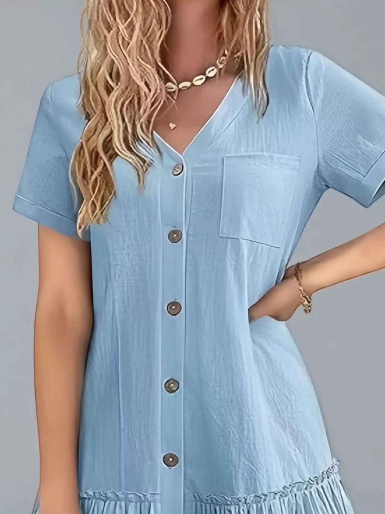 Full Size Button - Front Short Sleeve Tiered Dress Plus Size