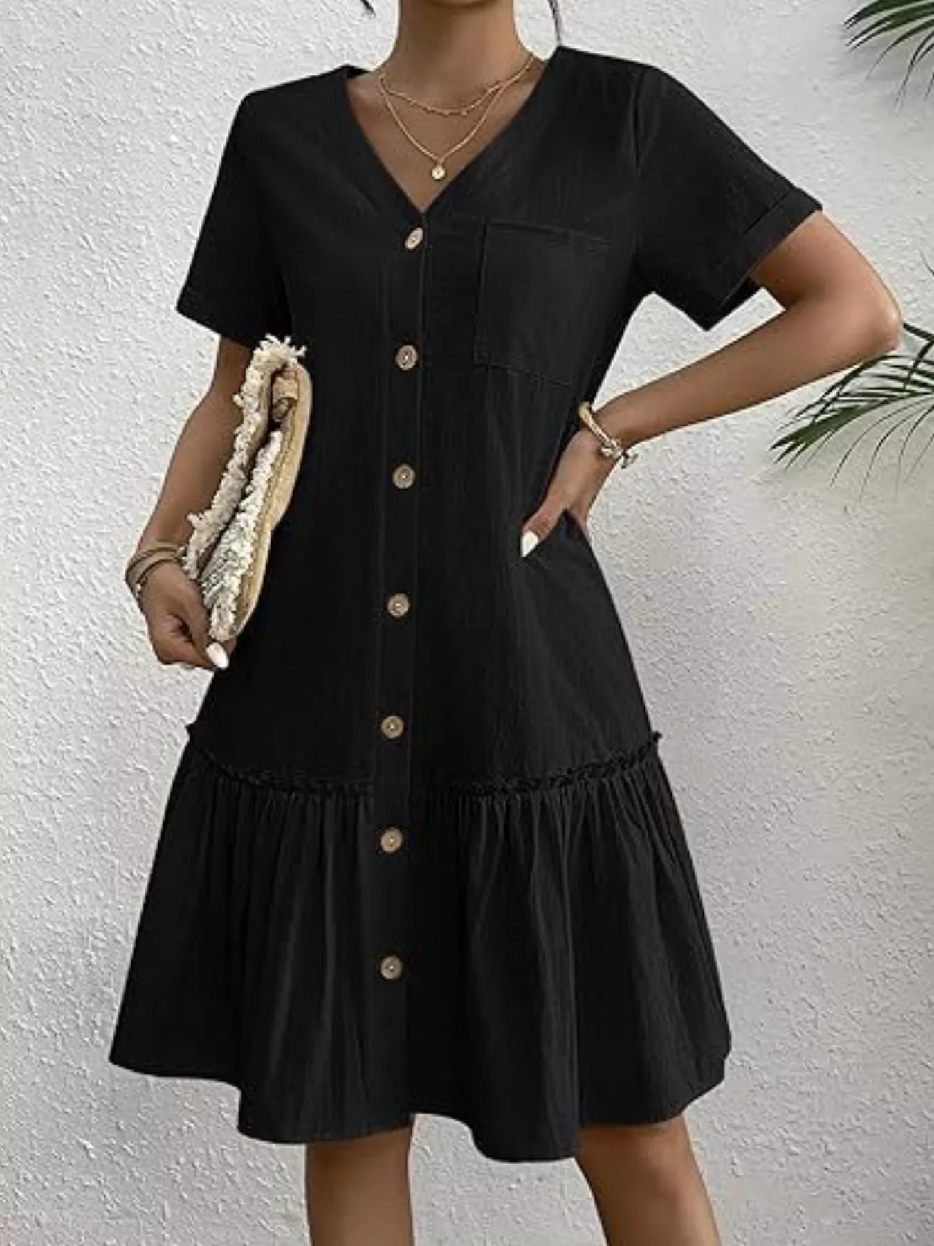 Full Size Button - Front Short Sleeve Tiered Dress Plus Size