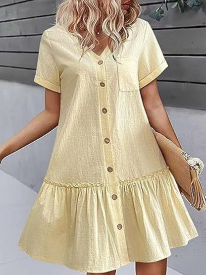 Full Size Button - Front Short Sleeve Tiered Dress Plus Size