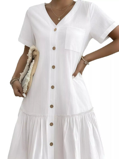 Full Size Button - Front Short Sleeve Tiered Dress Plus Size