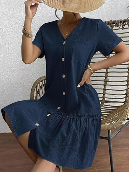 Full Size Button - Front Short Sleeve Tiered Dress Plus Size