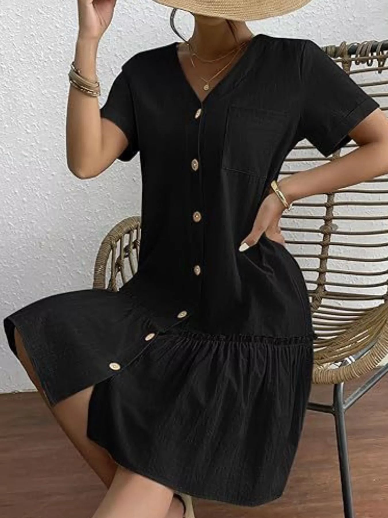 Full Size Button - Front Short Sleeve Tiered Dress Plus Size