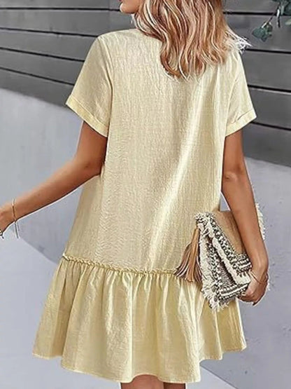 Full Size Button - Front Short Sleeve Tiered Dress Plus Size