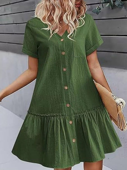 Full Size Button - Front Short Sleeve Tiered Dress Plus Size