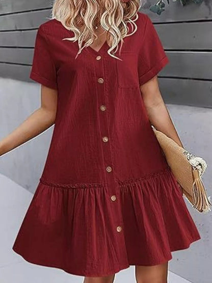 Full Size Button - Front Short Sleeve Tiered Dress Plus Size