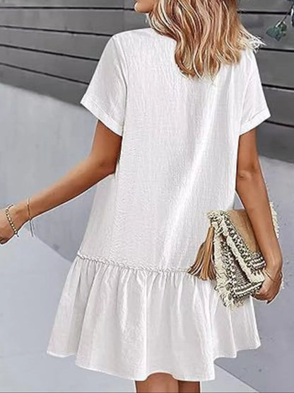 Full Size Button - Front Short Sleeve Tiered Dress Plus Size