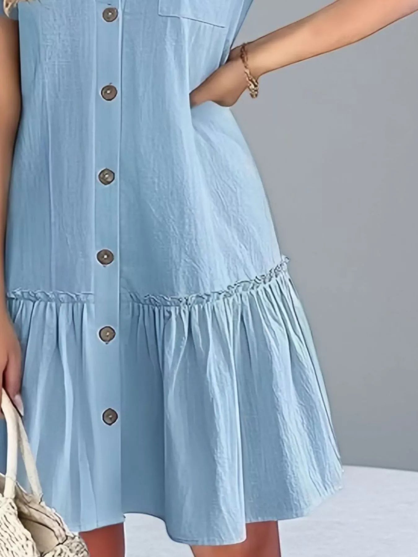 Full Size Button - Front Short Sleeve Tiered Dress Plus Size