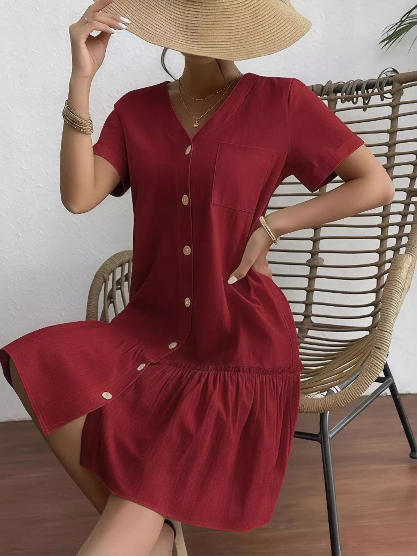 Full Size Button - Front Short Sleeve Tiered Dress Plus Size