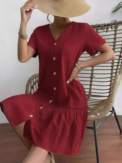 Full Size Button - Front Short Sleeve Tiered Dress Plus Size