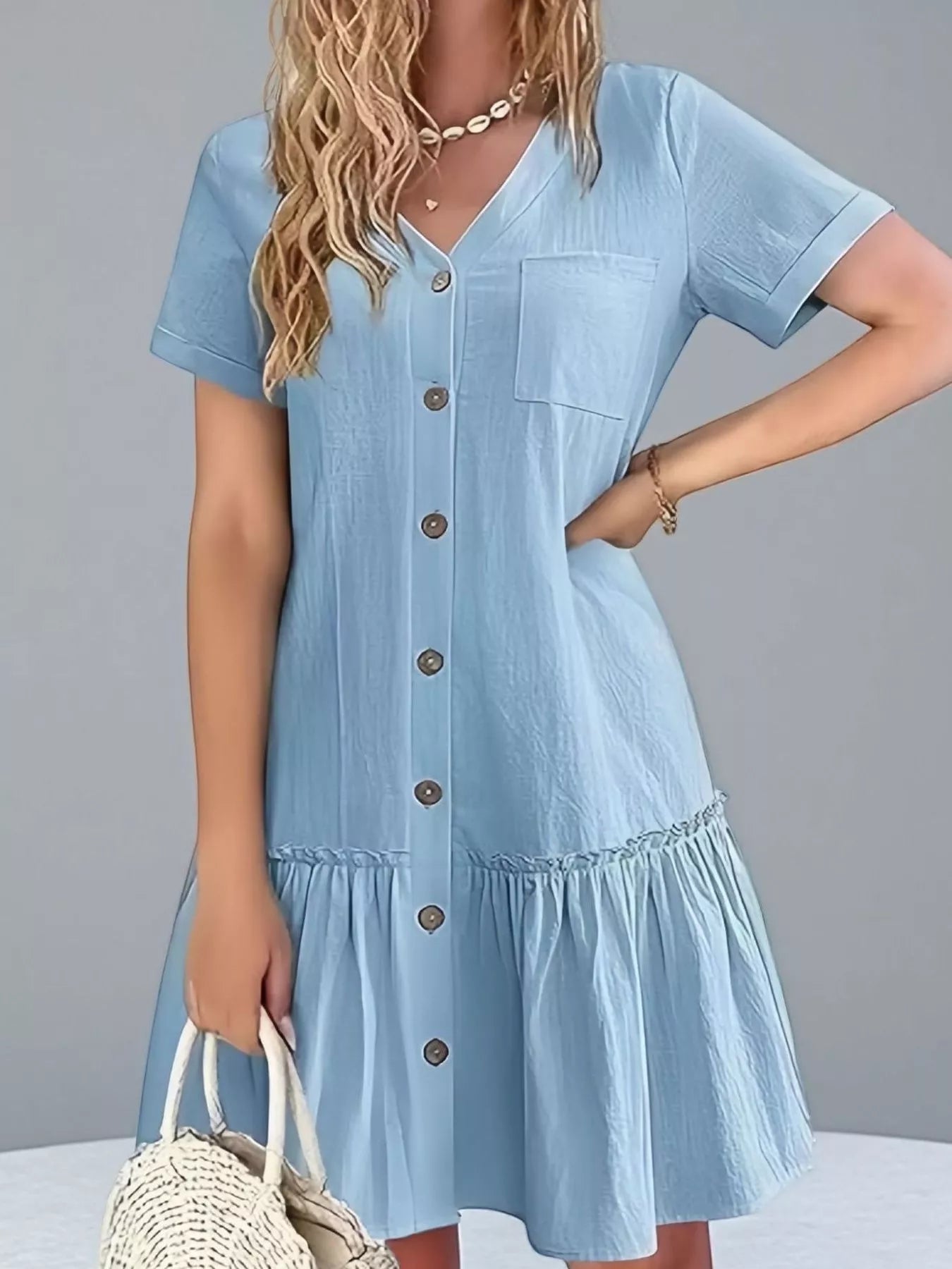 Full Size Button - Front Short Sleeve Tiered Dress Plus Size