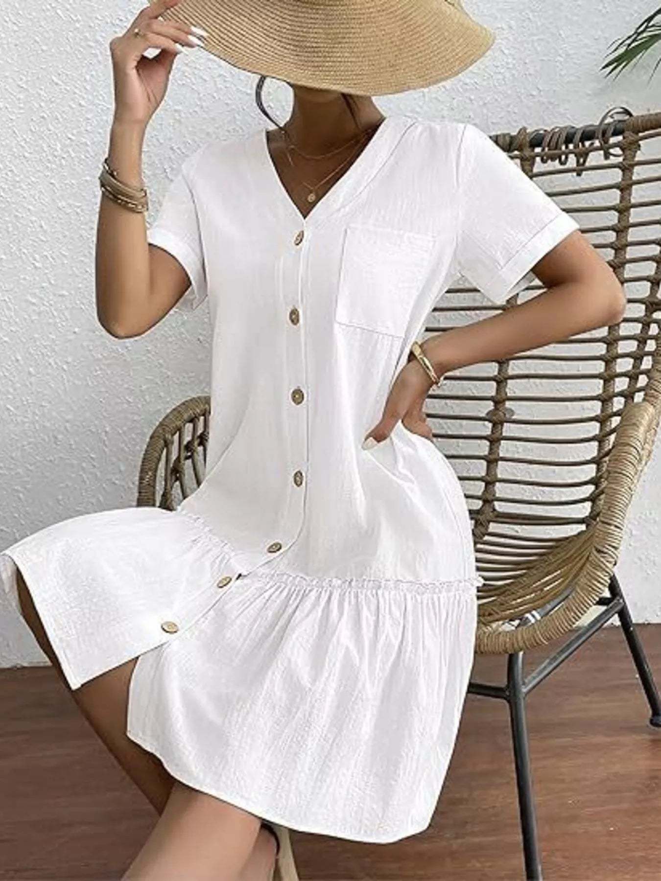 Full Size Button - Front Short Sleeve Tiered Dress Plus Size