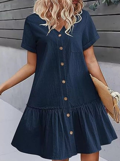 Full Size Button - Front Short Sleeve Tiered Dress Plus Size
