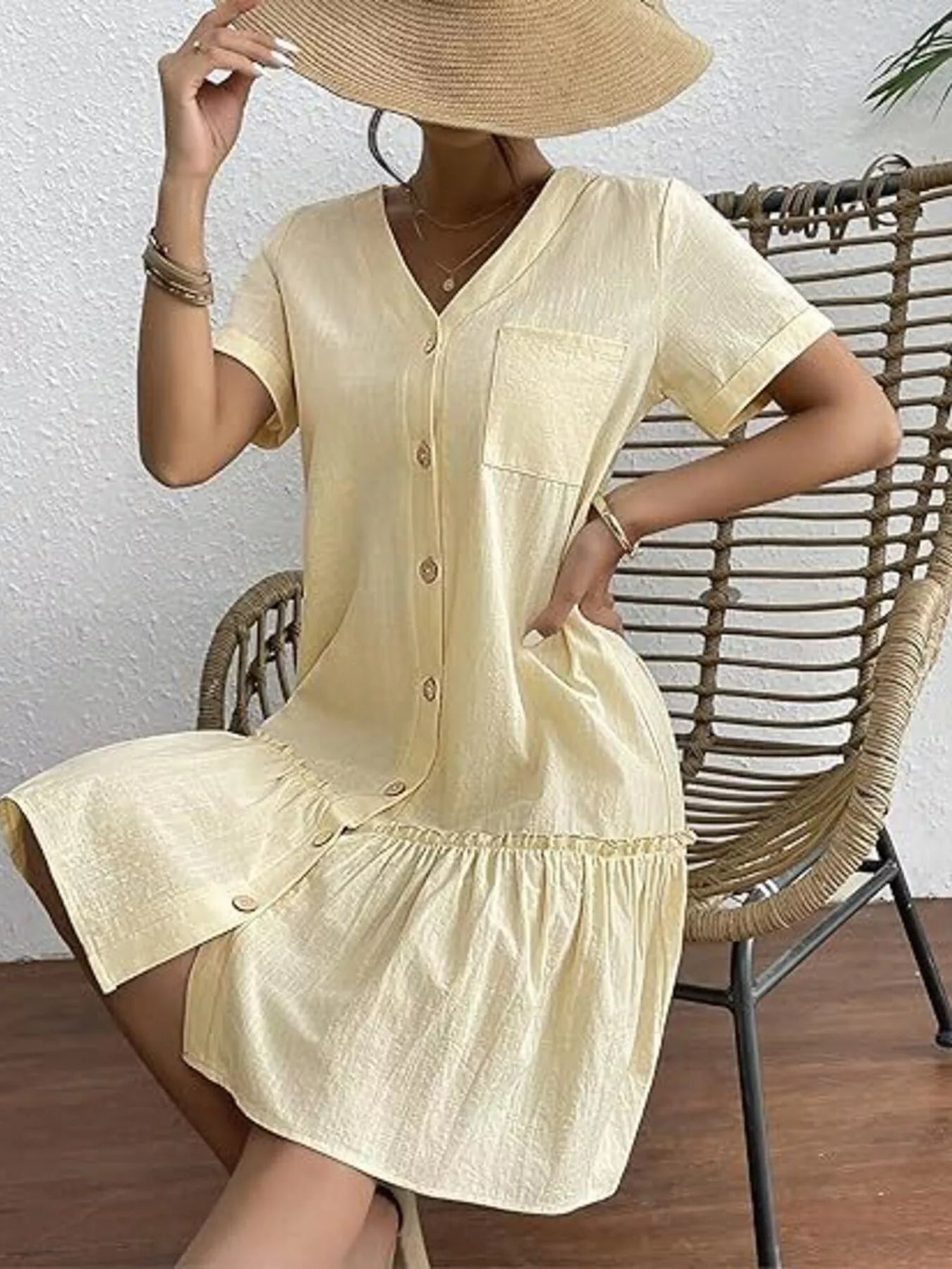 Full Size Button - Front Short Sleeve Tiered Dress Plus Size
