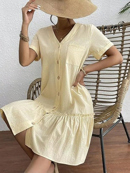 Full Size Button - Front Short Sleeve Tiered Dress Plus Size
