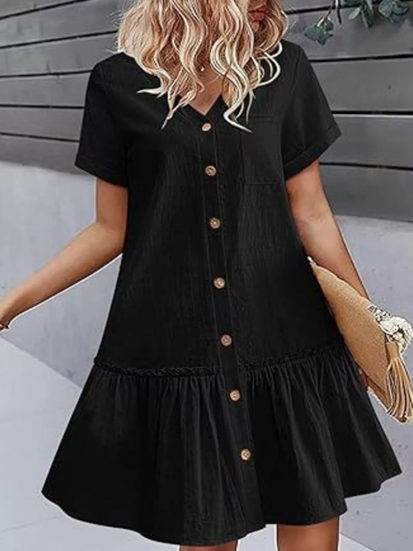 Full Size Button - Front Short Sleeve Tiered Dress Plus Size