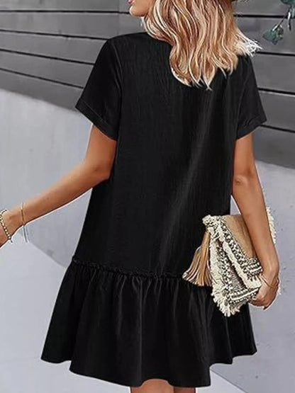 Full Size Button - Front Short Sleeve Tiered Dress Plus Size